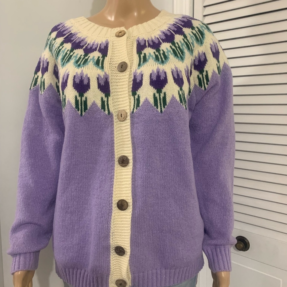 Lavender and Cream Women's Cardigan - Picture 2 of 5